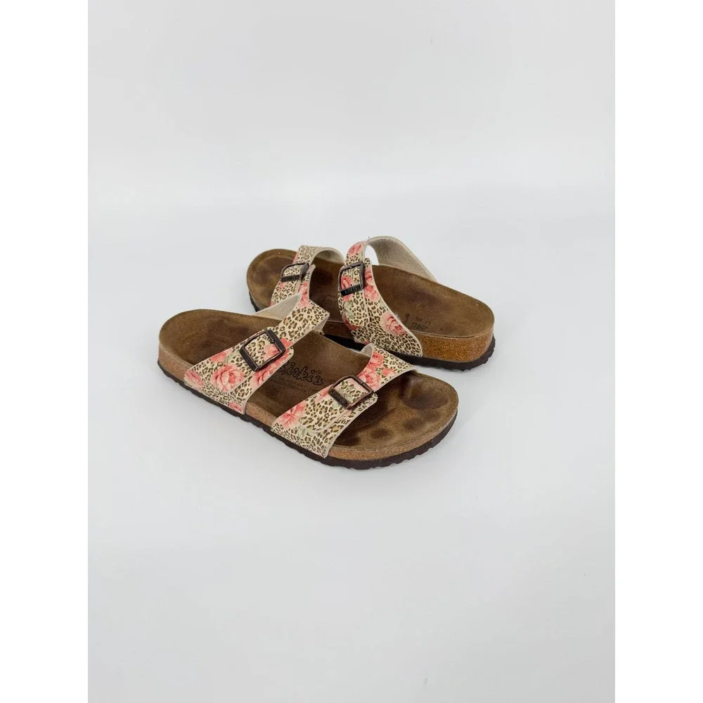 Birkis Birkenstock Floral Leopard Print Slide Sandals Brown Pink Tan 38 L7 M5